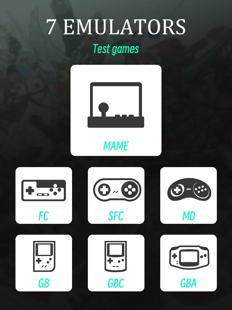 An image showcasing seven different emulators for testing games, including the versatile HeadphoneHeat DATA FROG SF2000 Black Handheld Game Console. The emulators featured are MAME (arcade), FC (Famicom), SFC (Super Famicom), MD (Mega Drive), GB (Game Boy), GBC (Game Boy Color), and GBA (Game Boy Advance). Each is represented by a