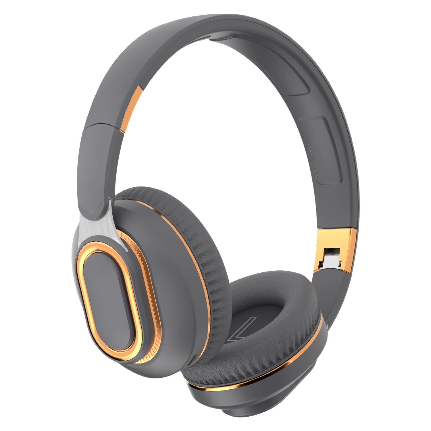 A pair of sleek, modern over-ear HeadphoneHeat FITHEM H7 Pro max Wireless Headphones with a gray and gold color scheme. The cushioned ear pads and headband appear soft and comfortable, featuring Bluetooth 5.0 technology for wireless convenience. These headphones have a streamlined design with glossy gold accents around the ear cups and headband joints.