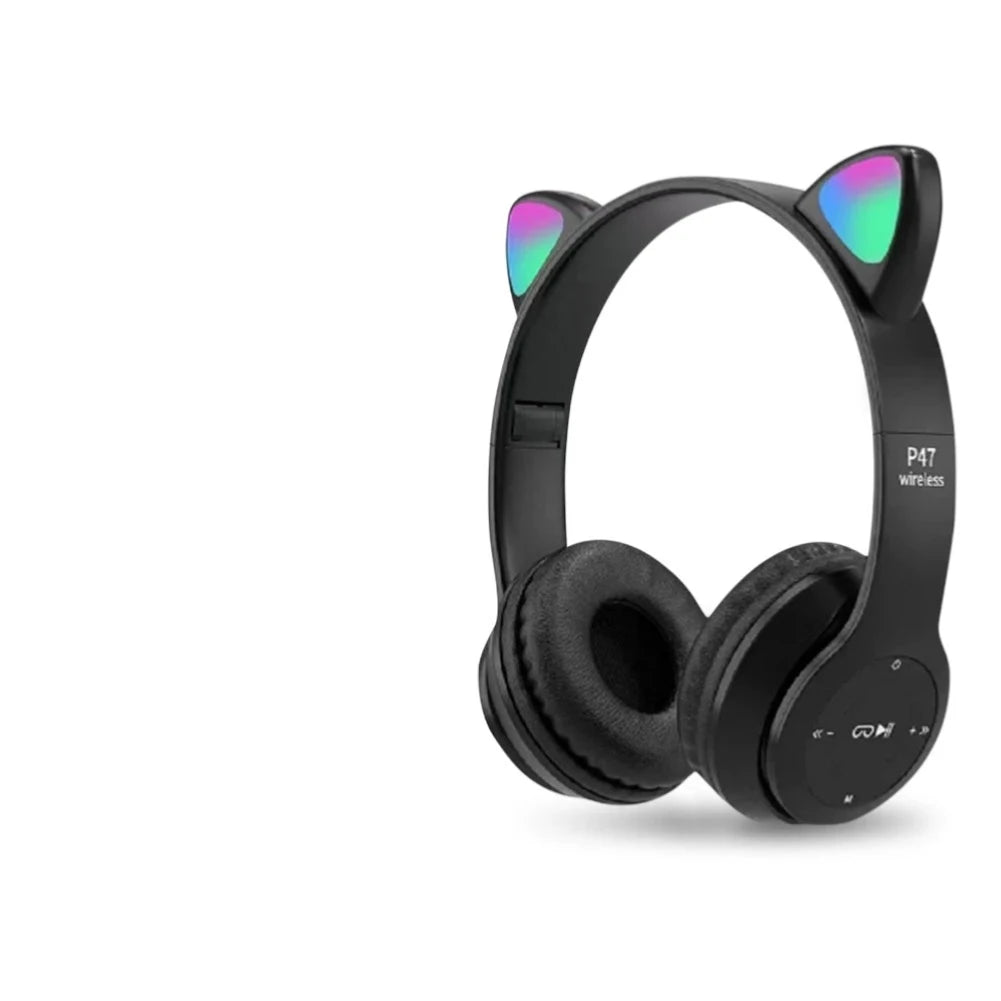 The Bluetooth VODOOL Wireless Cat Headphones with Ear Glow by HeadphoneHeat are over-the-ear, wireless, black headphones featuring cat ears with colorful, iridescent details on the ear tips and dynamic sound quality. The headband reads "P47 Wireless.