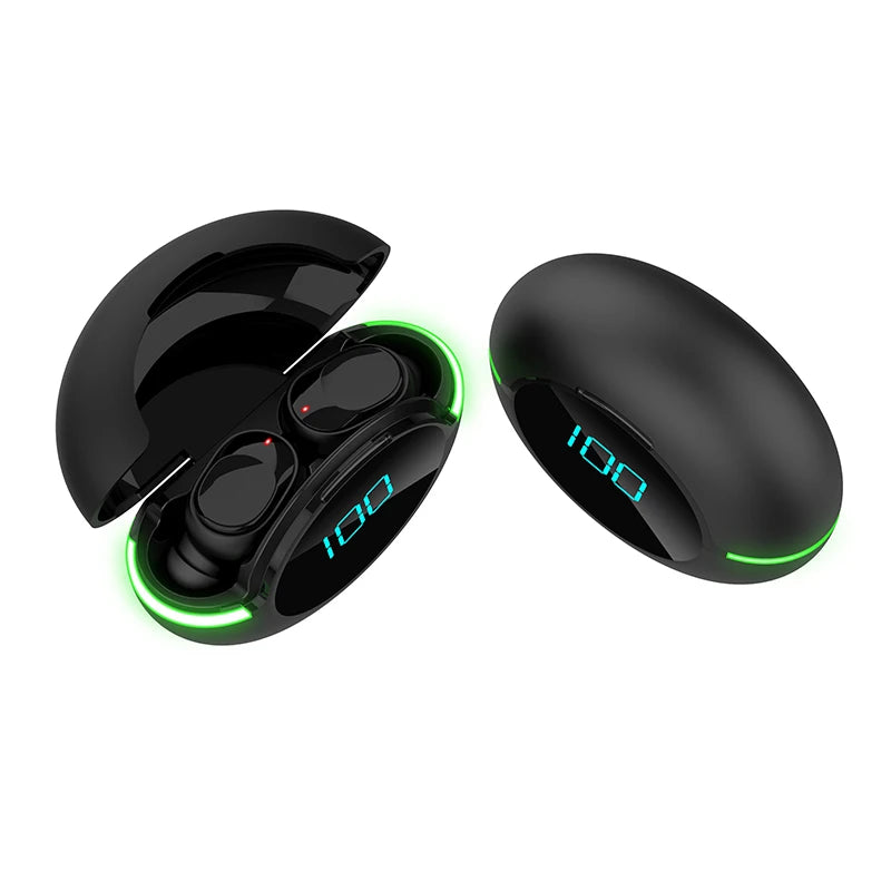 A pair of Y80 Wireless Bluetooth Earbuds by HeadphoneHeat are shown next to their open charging case. The case, boasting a digital display showing the battery level at 100%, emits a green light around its edges. With HiFi audio and Bluetooth 5.0, these true wireless audio earbuds feature a glossy, sleek, and modern design.