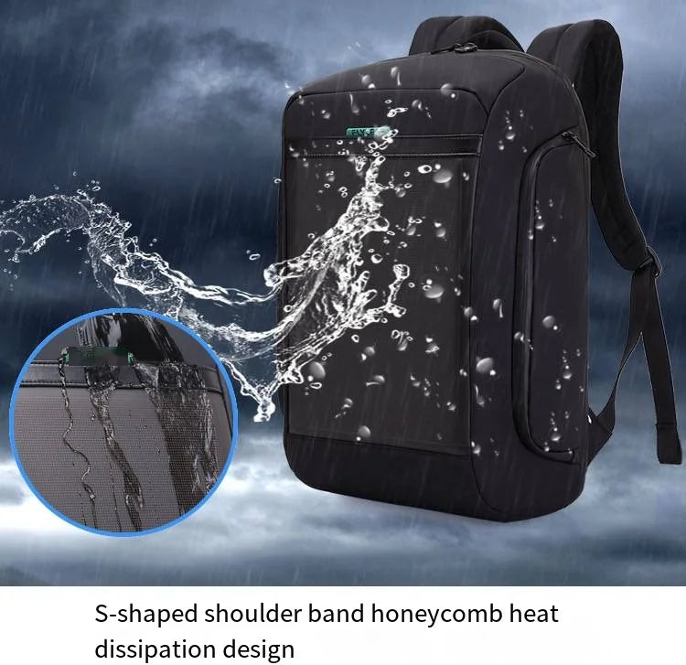 A black Flashback backpack with HD Display by HeadphoneHeat is shown being splashed by water, illustrating its water-resistant feature made from durable polyester. An inset circle highlights a close-up view of the water droplets on the backpack's fabric. The text below states, "S-shaped shoulder band honeycomb heat dissipation design with multiple interior compartments.