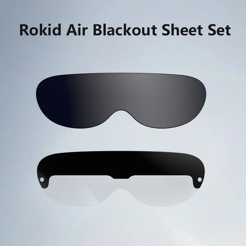 Promotional image of the Rokid Air Smart VR Glasses by HeadphoneHeat, featuring two dark, slightly curved sheets. One sheet is fully opaque while the other is partially transparent with a small cutout and attachment points, designed to fit over the Smart VR Glasses and enhance your augmented reality experience.