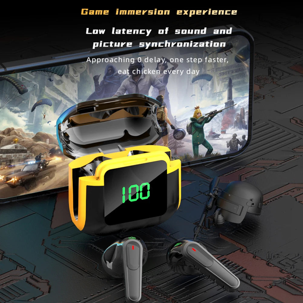 A promotional image showcases the VKTECH PRO 90 Noise Reduction Earbuds and a charging case beneath a smartphone displaying a first-person shooter game. A bold green "100" is on the case. Text highlights Bluetooth 5.3 from HeadphoneHeat for low latency in sound and picture synchronization. The background features a futuristic setting.