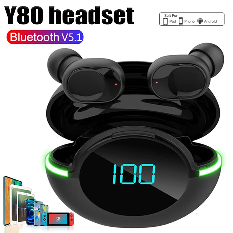 Image of HeadphoneHeat's Y80 Wireless Bluetooth Earbuds featuring a digital charging case displaying the number 100. The black case and earbuds are illuminated with green lights. Icons at the top right indicate compatibility with iPad, iPhone, and Android devices. Enjoy HiFi audio with true wireless freedom.