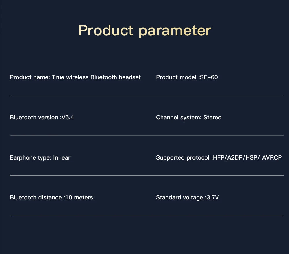 Image showing product parameters for the LED Touch Screen Newmsnr Bluetooth 5.4 Earbuds by HeadphoneHeat. It includes Bluetooth version V5.4, stereo channels, in-ear earphone type with Active Noise-Cancellation, HFP/A2DP/HSP/AVRCP supported protocols, 10-meter Bluetooth distance, and standard voltage of 3.7V.