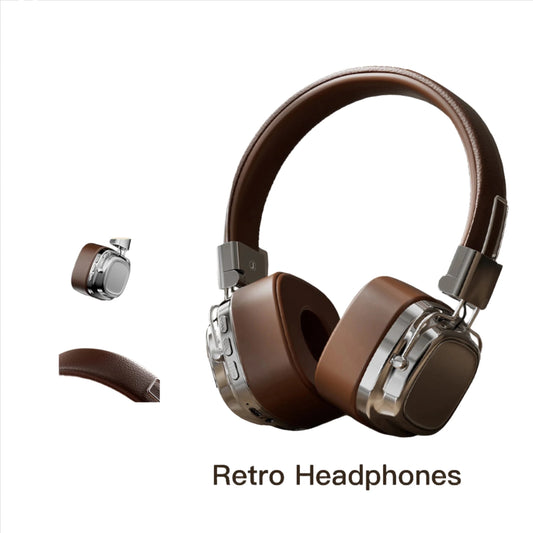 The HeadphoneHeat CR-8 DUTRIEUX Classic Over Ear Stereo Headphones feature a retro design with brown and silver highlights and luxurious leather padding. Detailed images showcase the detachable ear cups and a close-up of the rich, textured brown headband, providing exceptional sound isolation for an immersive audio journey.