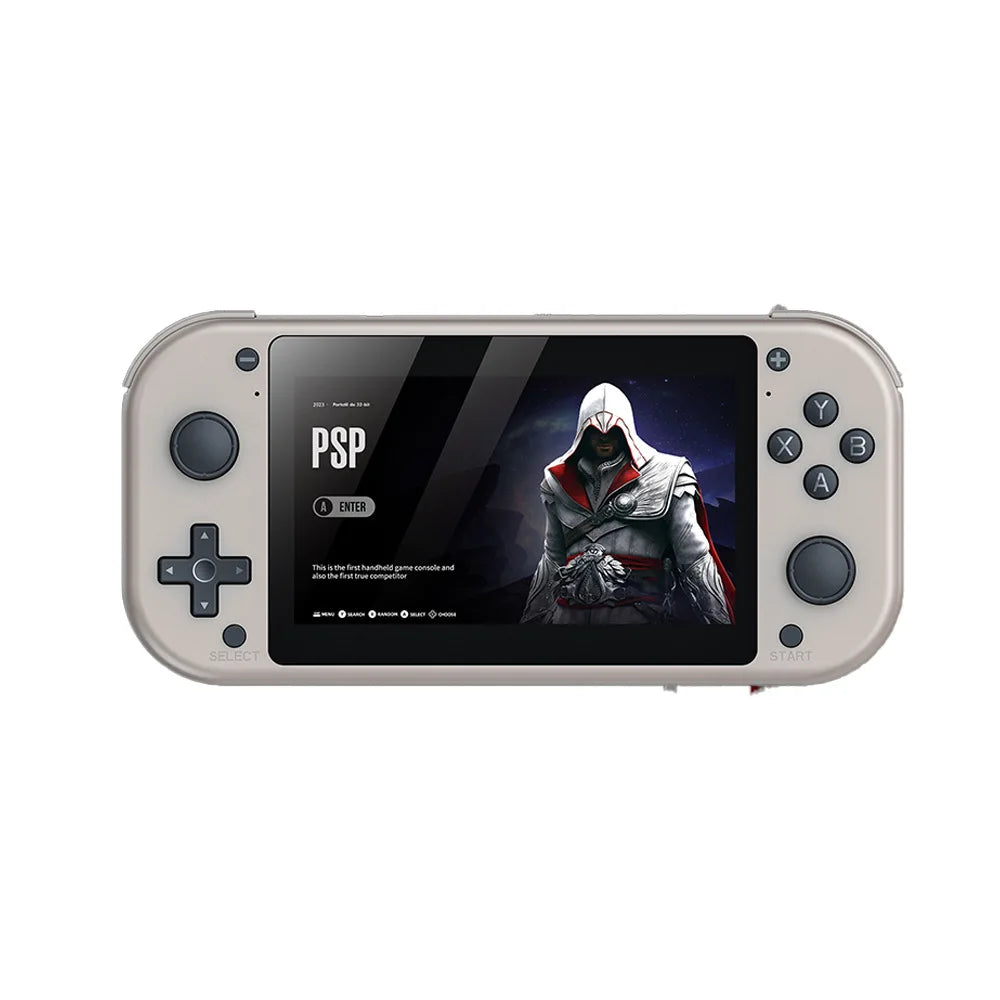 A handheld gaming console with a white casing and gray buttons. The screen displays a game interface labeled "PSP" and features a hooded character from a video game. Ideal for classic game enthusiasts, the HRUEDA M17 Handheld Portable Game Console Linux PSP/N64 by HeadphoneHeat has directional buttons on the left and action buttons on the right.