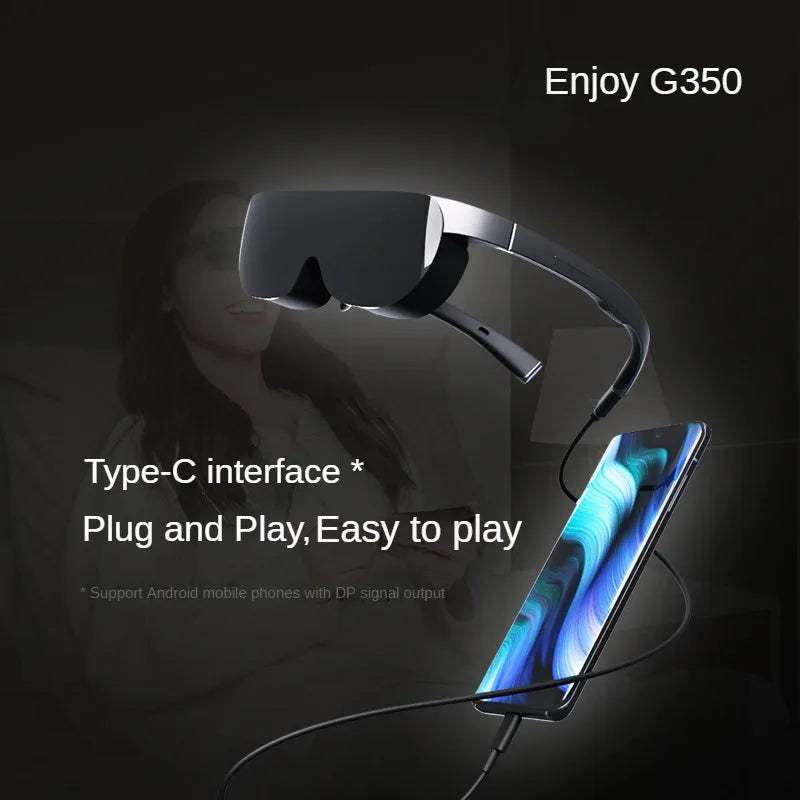 A futuristic headset, labeled "Grawoow G350," with a Type-C interface connects seamlessly to a smartphone via a cable. The text reads, "Plug and Play, Easy to play," supported for Android mobile phones with DP signal output. In the background, a person enjoys high-definition visuals through HeadphoneHeat Video Glasses.