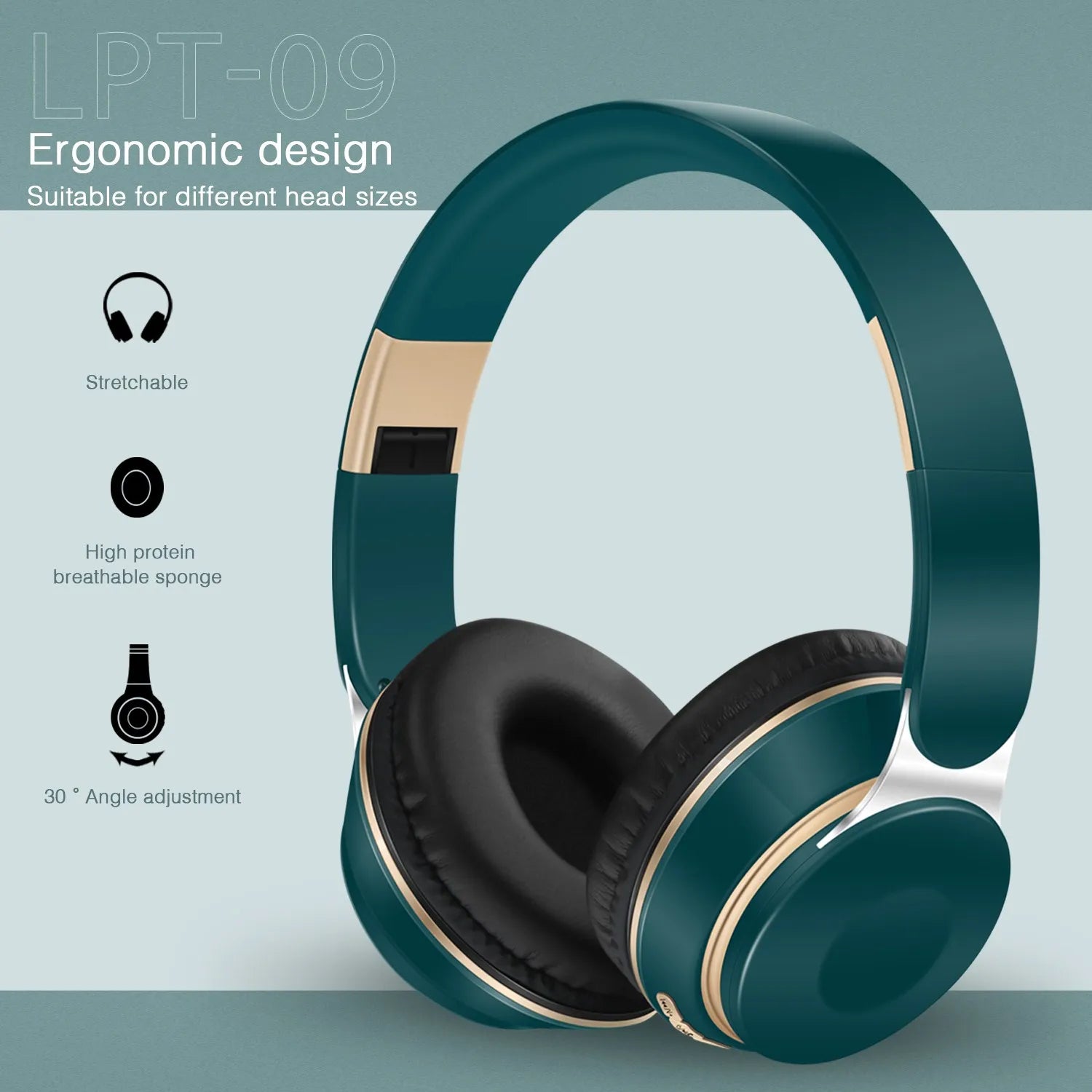 Image of teal and gold "Wireless Bluetooth CATASSU Headphones" from HeadphoneHeat, labeled "LPT-09," providing superior sound quality. Features include an ergonomic design, a stretchable band, high protein breathable sponge, and a 30-degree angle adjustment for adaptability to different head sizes.