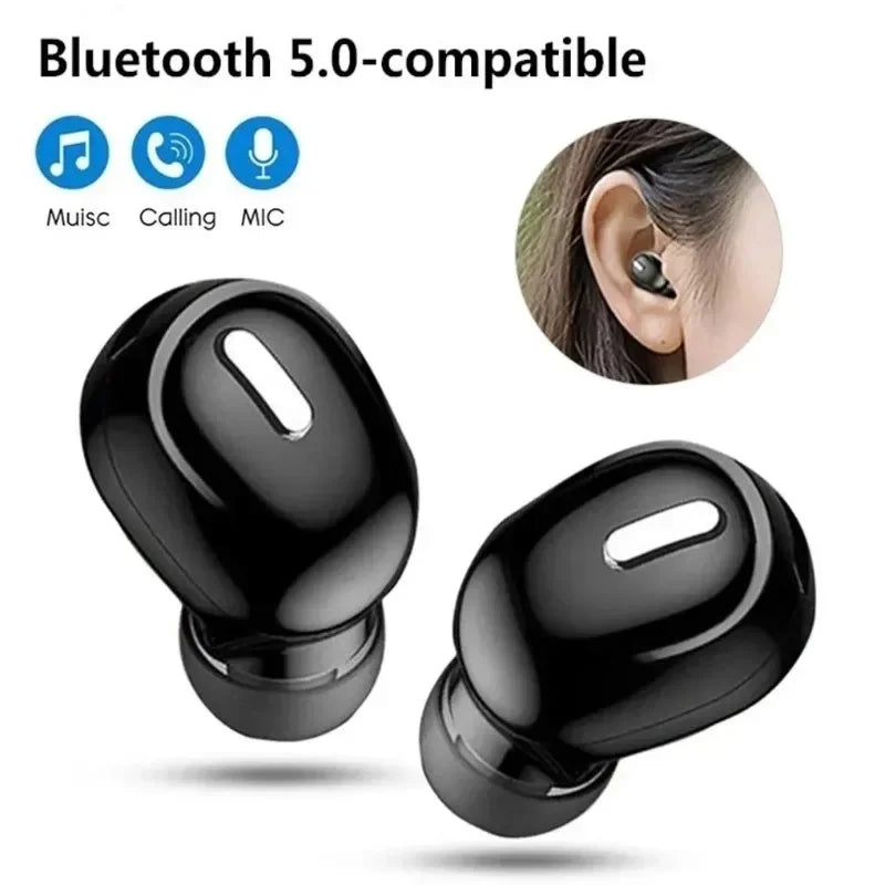 A promotional image for HeadphoneHeat's X9 ERZHOU Wireless Earbuds - Bluetooth 5.0 Connectivity. The image displays two black earbuds featuring a small white slot on each. Icons illustrating music, calling, and microphone capabilities are shown. A small circular inset highlights one earbud being worn in a person's ear.