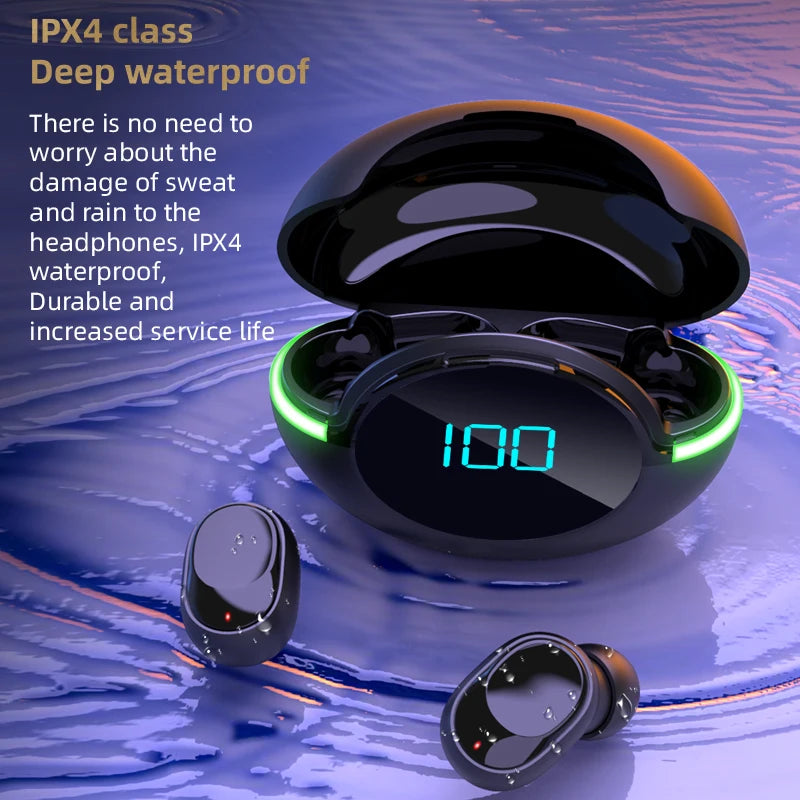 An open case of Y80 Wireless Bluetooth Earbuds by HeadphoneHeat, showcasing a digital 100% battery level indicator, sits surrounded by water ripples. The Bluetooth 5.0-enabled earbuds feature green LED rings and boast an IPX4 water-resistance rating, providing protection against sweat and rain. Highlighted text emphasizes the earbuds' durability and HiFi audio service life.