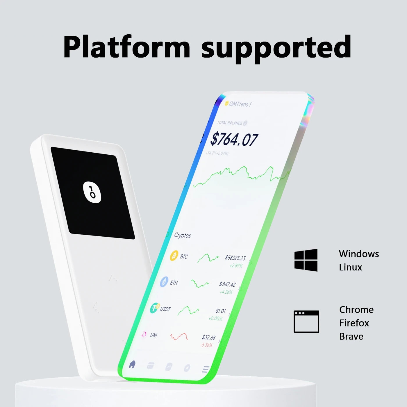 Image of the OneKey Mini Offline Crypto Wallet displaying a cryptocurrency finance app with a balance of $764.07 and various crypto values. Text on the image reads "Platform supported," and icons indicate compatibility with Windows 10+, Linux, Chrome, Firefox, and Brave. Brand Name: HeadphoneHeat.
