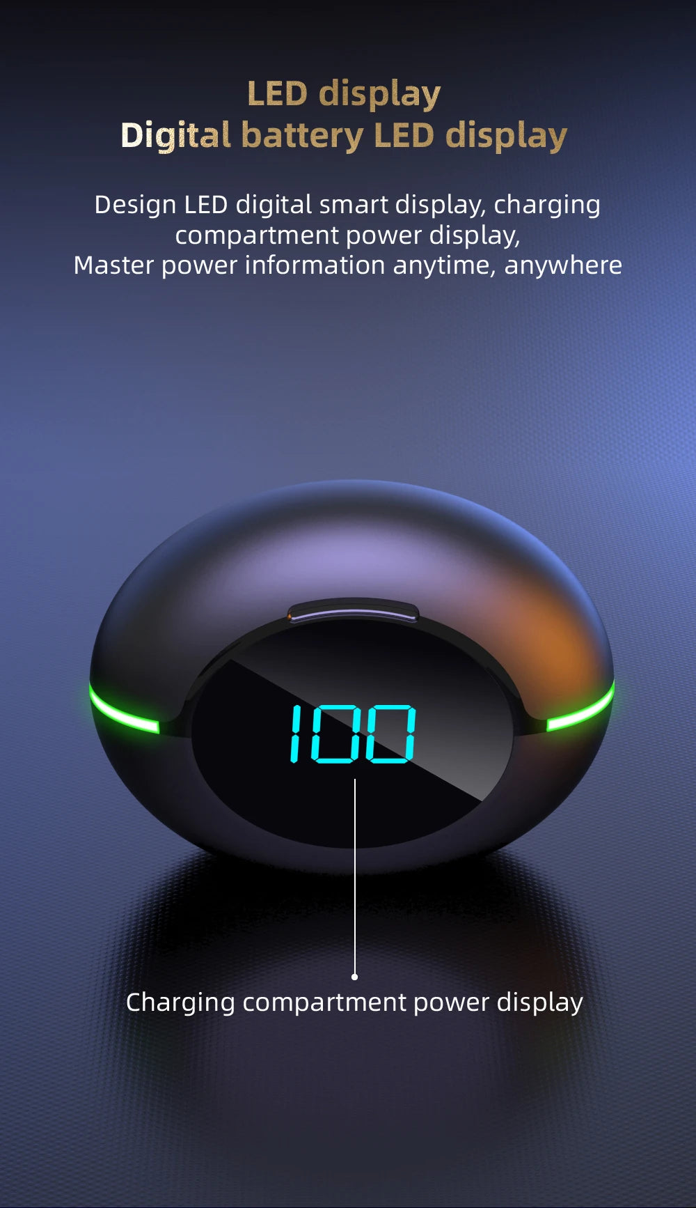 The Y80 Wireless Bluetooth Earbuds by HeadphoneHeat are presented through a black circular device with an LED digital display showing a blue "100." Green LED lights adorn the sides, and it boasts a digital battery LED display indicating the charging compartment's power level. With Bluetooth 5.0 technology, it ensures seamless connectivity against a dark gradient background.