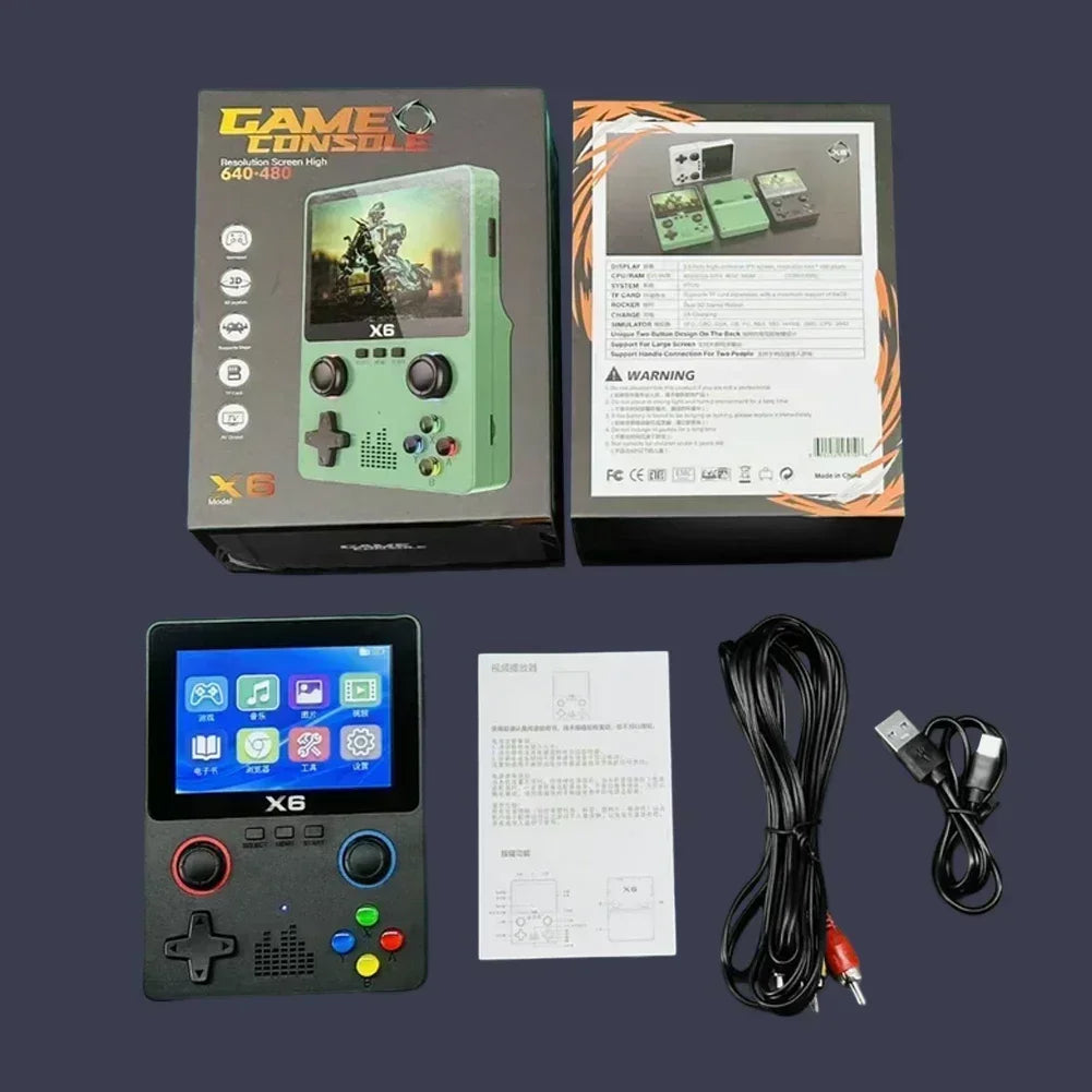 The HeadphoneHeat EVANOVM X6 Retro Game Console is a green portable gaming device that comes with packaging highlighting its features. Inside, you'll find a user manual, USB cable, and AV cable. The console's screen displays more than 10 app icons for an extensive gaming experience.