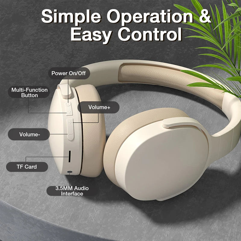 The GENAI P2961 Wireless Headphones Bluetooth 5.3 Hi-Res Audio by HeadphoneHeat come in beige and offer superior sound quality. They feature labeled buttons and ports, including power on/off, multi-function controls, volume adjustments, a TF card slot, and a 3.5mm audio interface. The text "Simple Operation & Easy Control" is accompanied by an image of a small plant in the background.