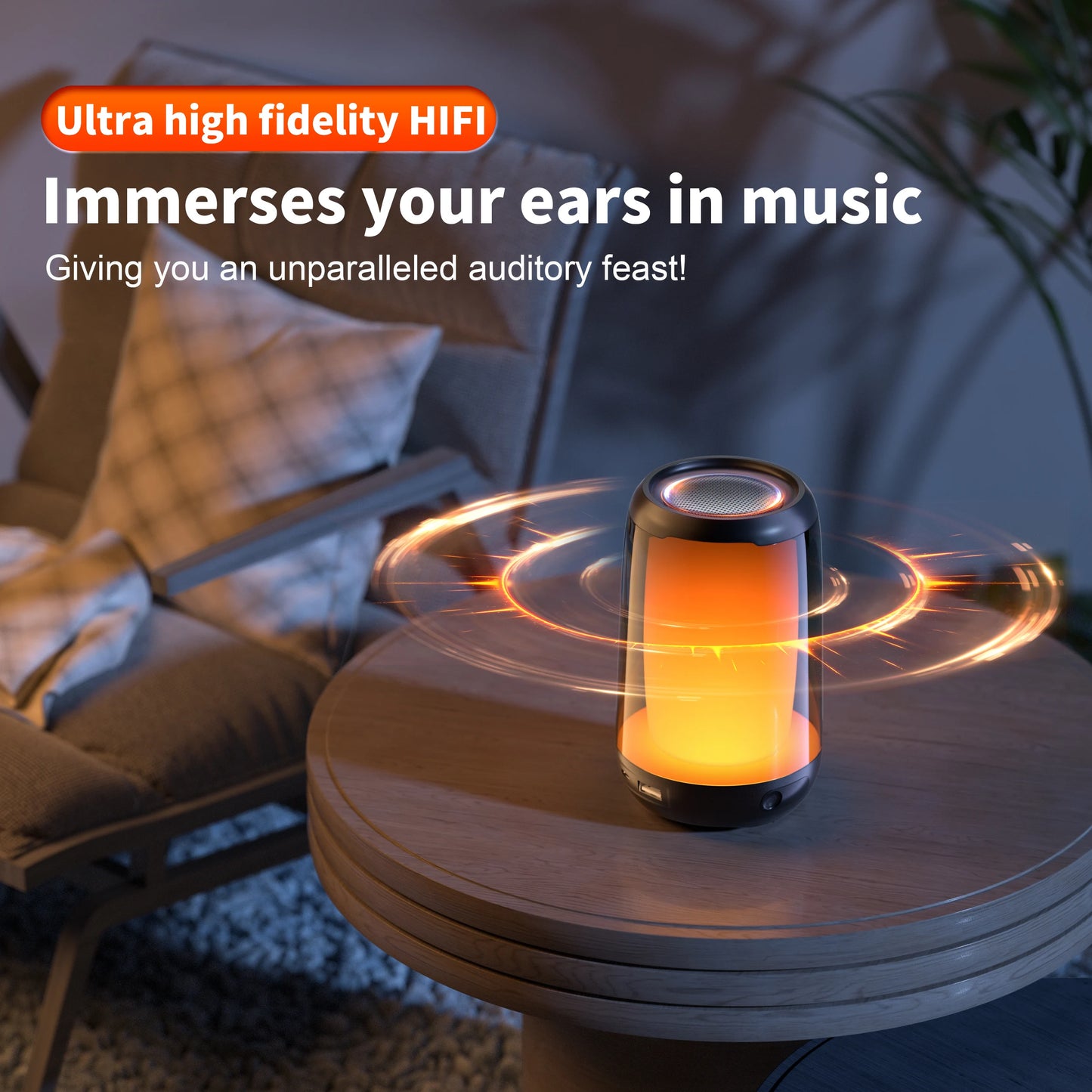 A high-end QERE Bluetooth Speaker 5W Audio by HeadphoneHeat rests on a small wooden table, surrounded by a warm orange ambiance, filling the room with sound waves. Enjoy outstanding audio quality in this inviting setup, complete with a chair and plant nearby. Text highlights "Ultra high fidelity HIFI" and encourages you to "Immerse your ears in music.