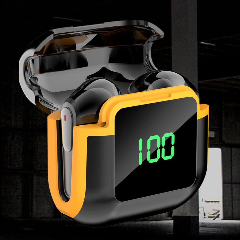 An image of the sleek, black VKTECH PRO 90 Noise Reduction Earbuds by HeadphoneHeat displayed inside their transparent charging case with a yellow trim. The case features a digital display showing "100," indicating a full charge. Equipped with Bluetooth 5.3 and HiFi sound quality, the dimly lit background accentuates the premium earbuds and case beautifully.