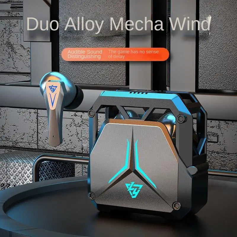 A pair of modern wireless earphones with a sleek, metallic design is displayed. Boasting Bluetooth 5.3, they come with a futuristic, boxy charging case featuring glowing blue accents. The background depicts an industrial, tech-inspired setting. The text reads: "HeadphoneHeat DUTRIEUX Bluetooth Earbuds 5.3 gaming.