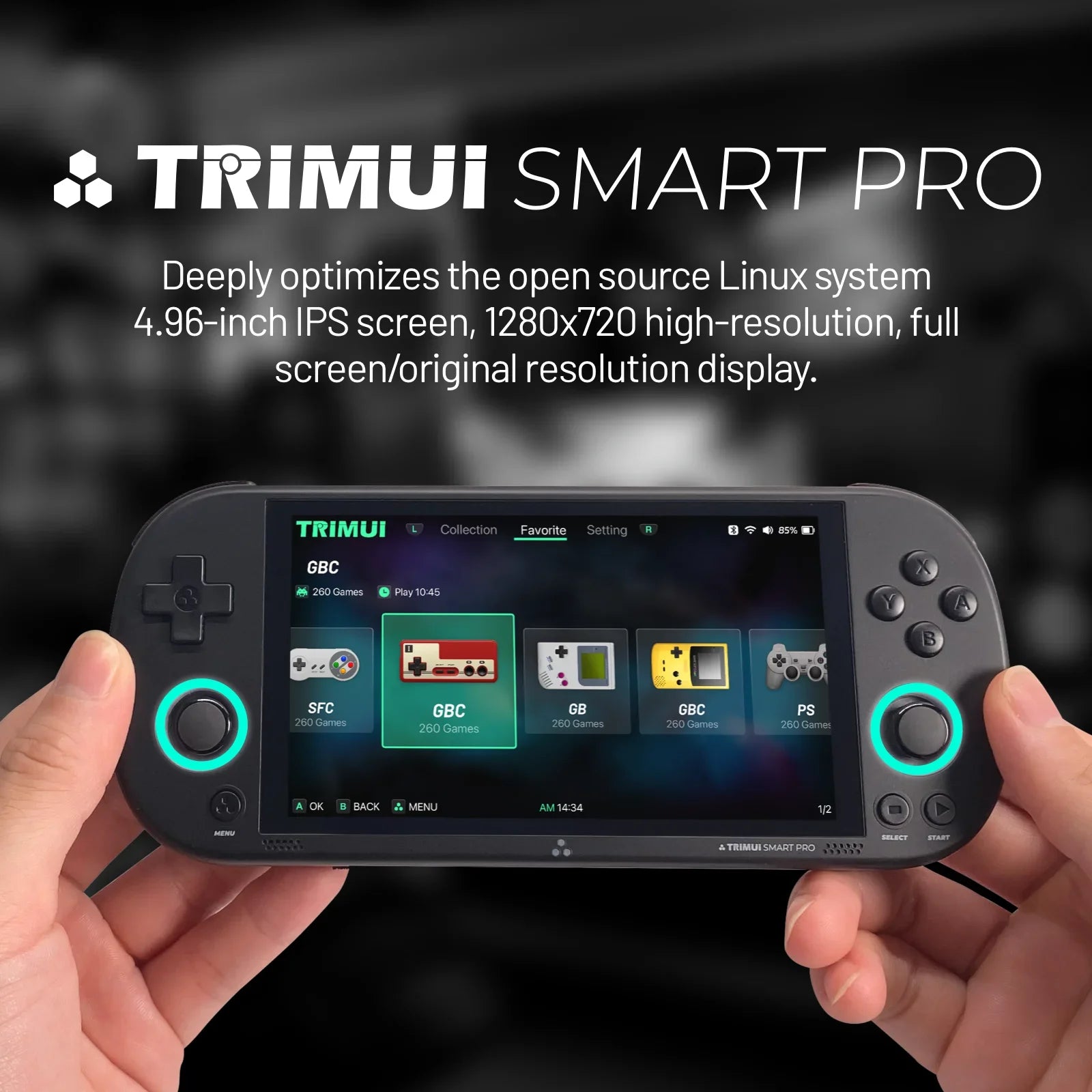 Close-up of hands holding a TRIMU Handheld Pro Game Console by HeadphoneHeat. The device's screen showcases a game selection menu featuring various retro game icons from a collection of over 9000 games. Text highlights features such as the 4.96-inch IPS screen and high-resolution display, making it ideal for handheld gaming enthusiasts.