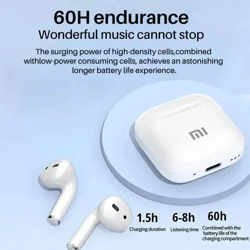 A promotional image for the Xiaomi MIJIA Bluetooth Earbuds from HeadphoneHeat showcases white true wireless earphones and their charging case. The text highlights features such as a 1.5-hour charging time, 6-8 hours of listening time, a total endurance of 60 hours, and dual dynamic drivers. The background is a minimalist light blue.