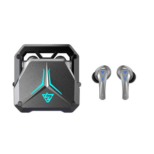 A pair of gray DUTRIEUX Bluetooth Earbuds 5.3 gaming from HeadphoneHeat with blue accents is displayed alongside a matching gray charging case. The case has a futuristic design with blue LED highlights and a beamed logo. These HeadphoneHeat DUTRIEUX Bluetooth Earbuds 5.3 gaming feature active noise cancelling and have a sleek, ergonomic design.