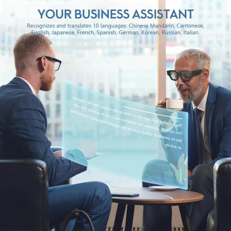 Two business professionals are sitting across from each other, wearing glasses and interacting with a transparent screen displaying multilingual text. The image promotes Inmo Air 2 -Smart AR Ring Control by HeadphoneHeat, featuring advanced technology and augmented reality capabilities that recognize and translate ten languages.