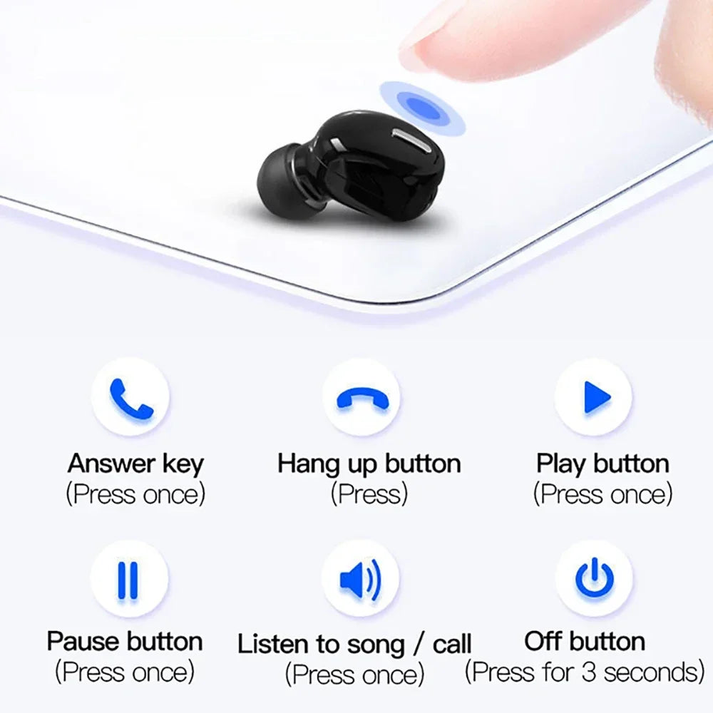 A diagram illustrating the functions of a black X9 ERZHOU Wireless Earbud by HeadphoneHeat is shown. Buttons include: Answer key (press once), Hang up (press), Play/Pause (press once), and Off button (hold for 3 seconds). A hand demonstrates how to press the earbud with Bluetooth 5.0 connectivity.