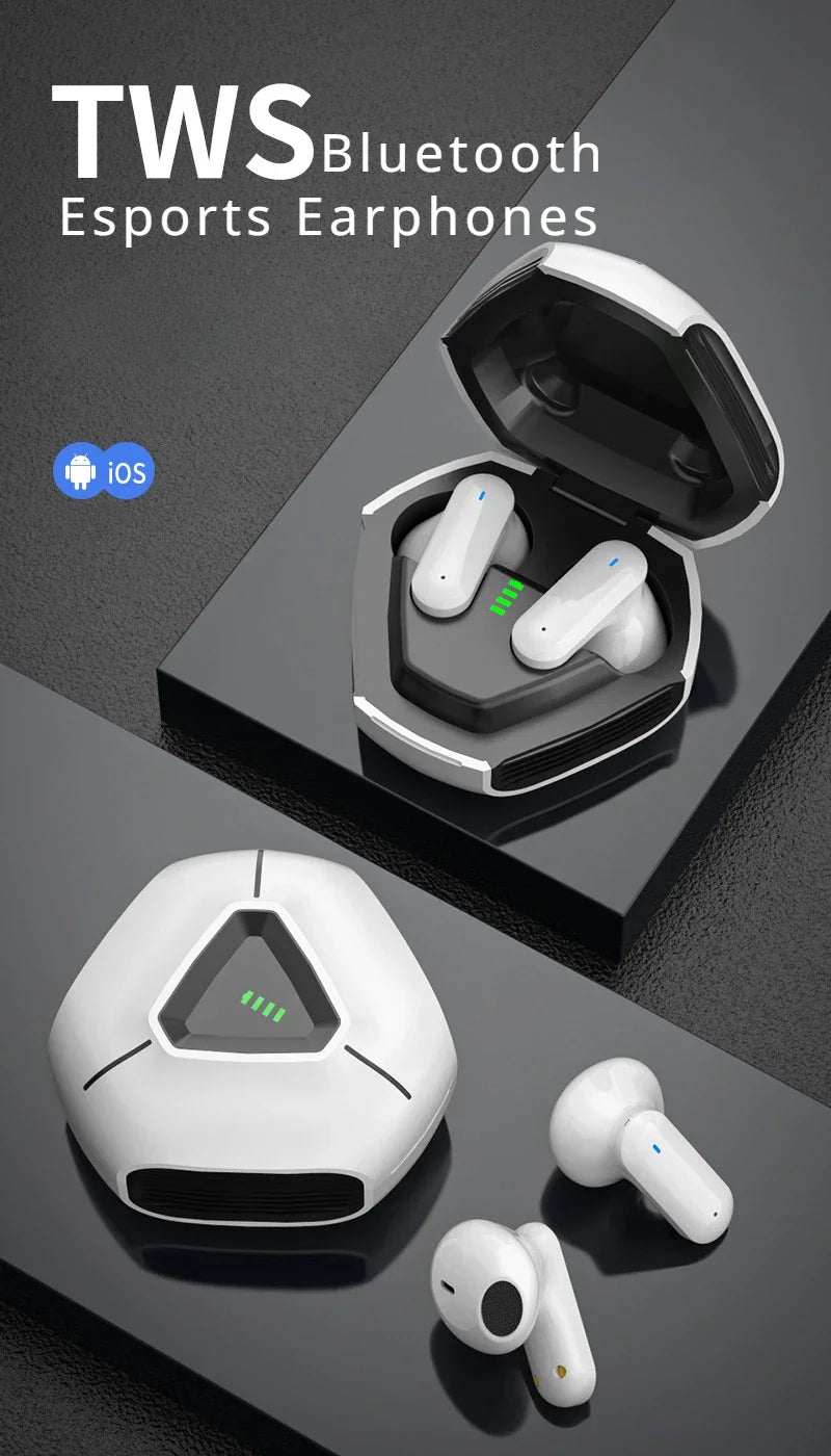 Promotional image of Esports ZIXZEX Game Bluetooth TWS Earbuds by HeadphoneHeat. The image showcases a pair of white in-ear wireless earphones inside a futuristic, hexagonal charging case, with another pair positioned outside the case. A blue icon indicates they are compatible with iOS devices and feature Active Noise-Cancellation.