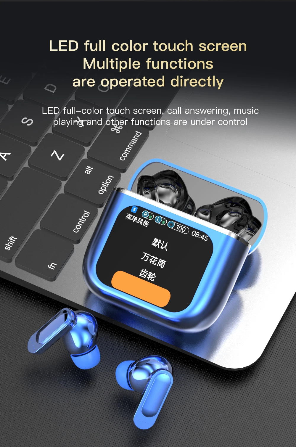 Placed on a laptop keyboard is a pair of LED Touch Screen Newmsnr Bluetooth 5.4 Earbuds by HeadphoneHeat and their case, which features a full-color touch screen displaying various settings and controls. Above, text describes Bluetooth technology functionalities like active noise-cancellation, call answering, and music playing.