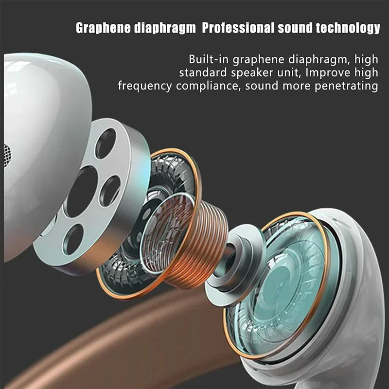 Exploded view of the HeadphoneHeat Xiaomi MIJIA Bluetooth Earbuds components showing a built-in graphene diaphragm, speaker unit, and various internal parts with the text "Graphene diaphragm Professional sound technology - Built-in graphene diaphragm, high standard speaker unit, dual dynamic drivers improve high frequency compliance and create more penetrating sound" at the top.