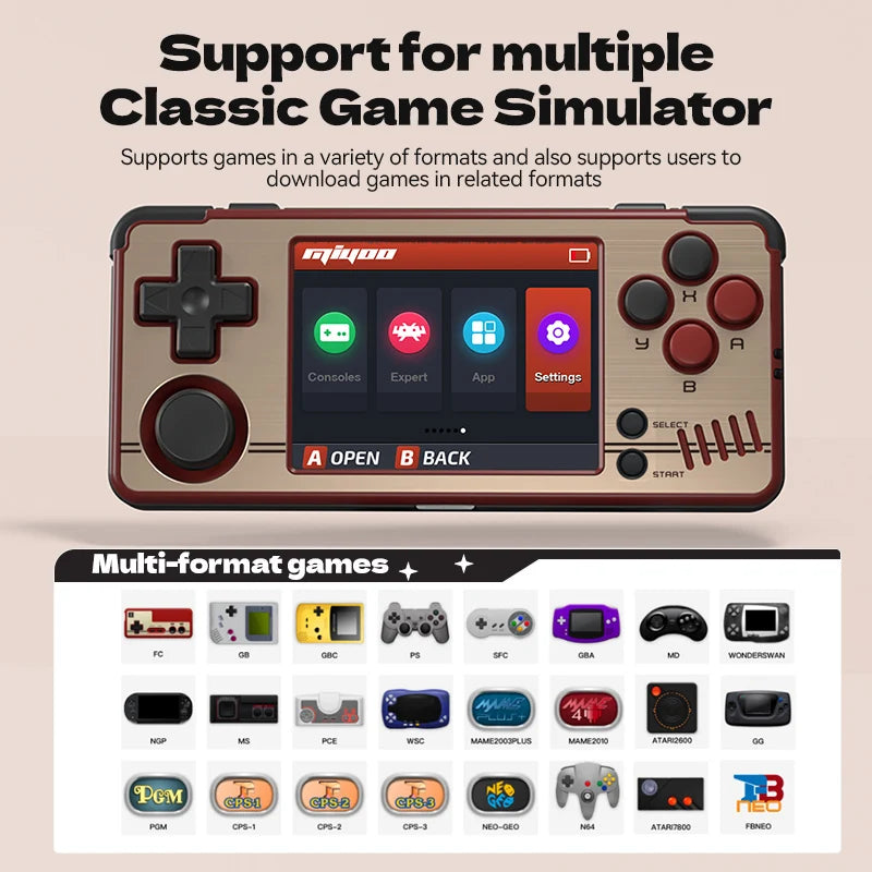 Image of a nostalgic HeadphoneHeat MIYOO A30 Console featuring a 2.8'' IPS display with various app icons. Below, logos of legendary game emulators such as PSP, NES, and GBA are showcased. Text reads, "Support for Multiple Retro Emulators" and "Multi-Format Retro Games.