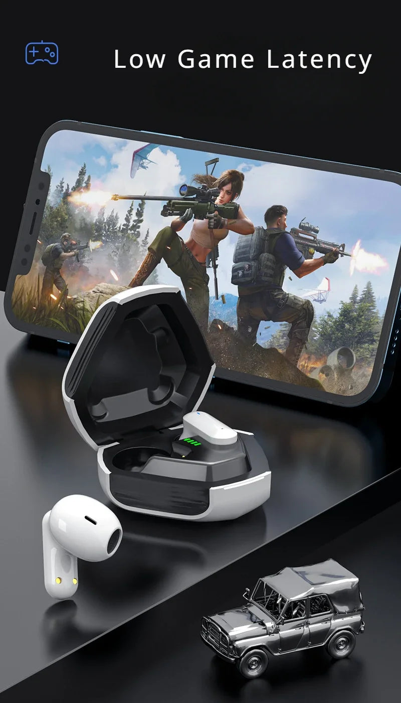 A set of Esports ZIXZEX Game Bluetooth TWS Earbuds from HeadphoneHeat is displayed in the foreground, with one earbud placed beside them. In the background, a smartphone displays an action game featuring armed characters. The image features an "Active Noise-Cancellation" and "Low Game Latency" label.