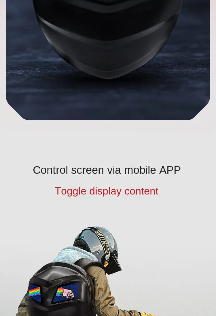 A person wearing a helmet and colorful patches on their LED Turtle Shell Backpack by HeadphoneHeat, facing away. Text above reads: "Control screen via mobile APP. Toggle display content." Embrace the Moto & Biker Style with this sleek and functional design, perfect for all adventures.
