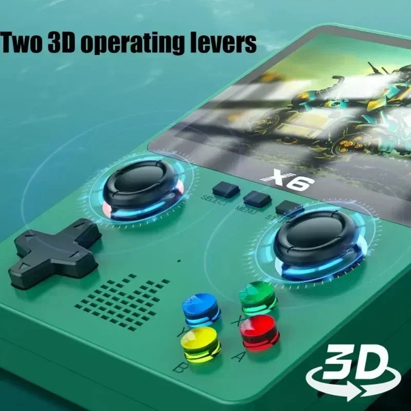 A green EVANOVM X6 Retro Game Console by HeadphoneHeat, ideal for portable gaming with its dual joysticks, directional pad, and vibrant buttons. The screen shows a robotic character with text mentioning "Two 3D operating levers" and "X6," along with a 3D logo at the bottom right. Experience over 10,000 classic arcade games wherever you go!