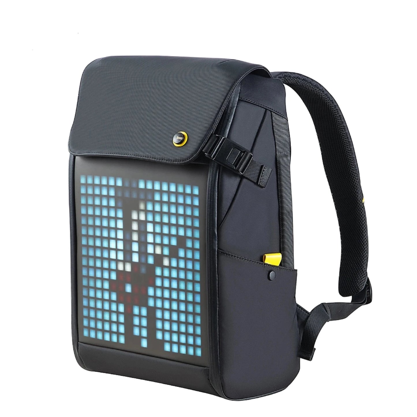 The HeadphoneHeat DIVOOM Pixoo M Backpack Men 15 Inch is a stylish, waterproof backpack equipped with a 16 x 16 RGB LED screen on its front, showcasing an abstract pixelated design in blue and black. It includes adjustable straps and a convenient side pocket, making it ideal for tech-savvy individuals.