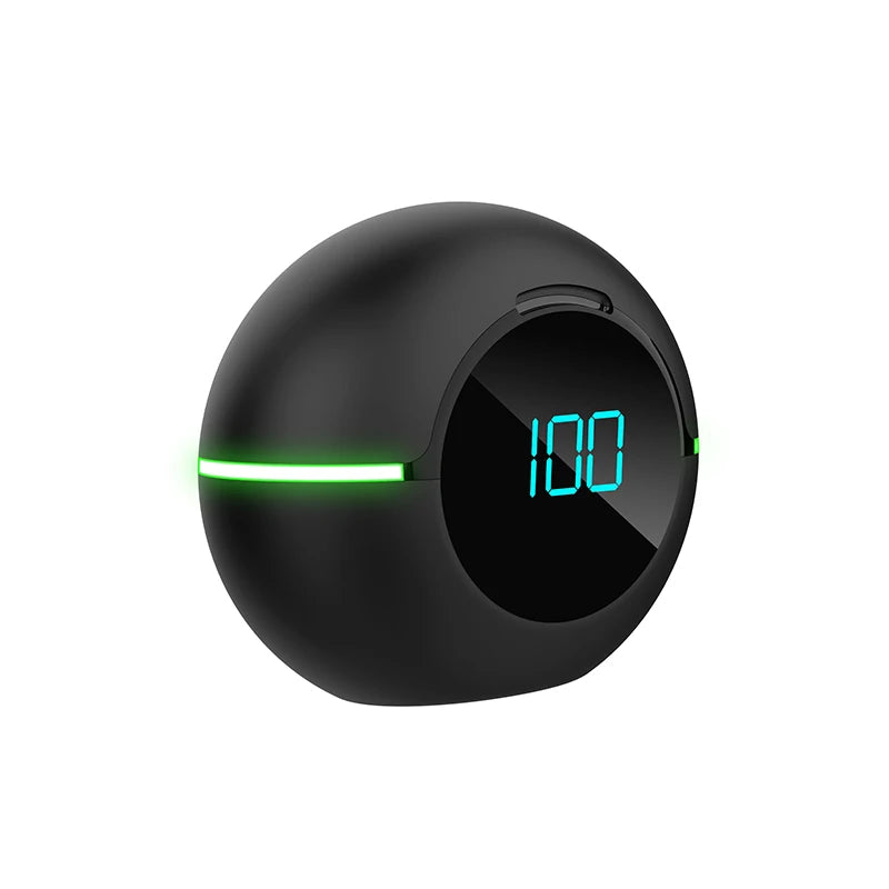 Presenting the Y80 Wireless Bluetooth Earbuds by HeadphoneHeat – Encased in a black spherical charging case with a stylish green LED light strip around its middle. The front display indicates battery level with "100" in blue LED digits. With Bluetooth 5.0 and HiFi audio capabilities, the design is modern and sleek, offering both superior sound quality and technological sophistication.