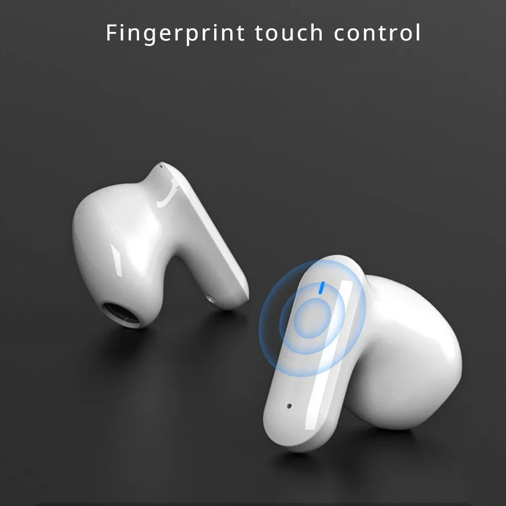 Image of two white HeadphoneHeat Esports ZIXZEX Game Bluetooth TWS Earbuds on a black surface. The text above reads "Fingerprint touch control" with one earbud highlighted to indicate the touch-sensitive control area. The earbuds feature a sleek, modern design and active noise-cancellation for an immersive audio experience.