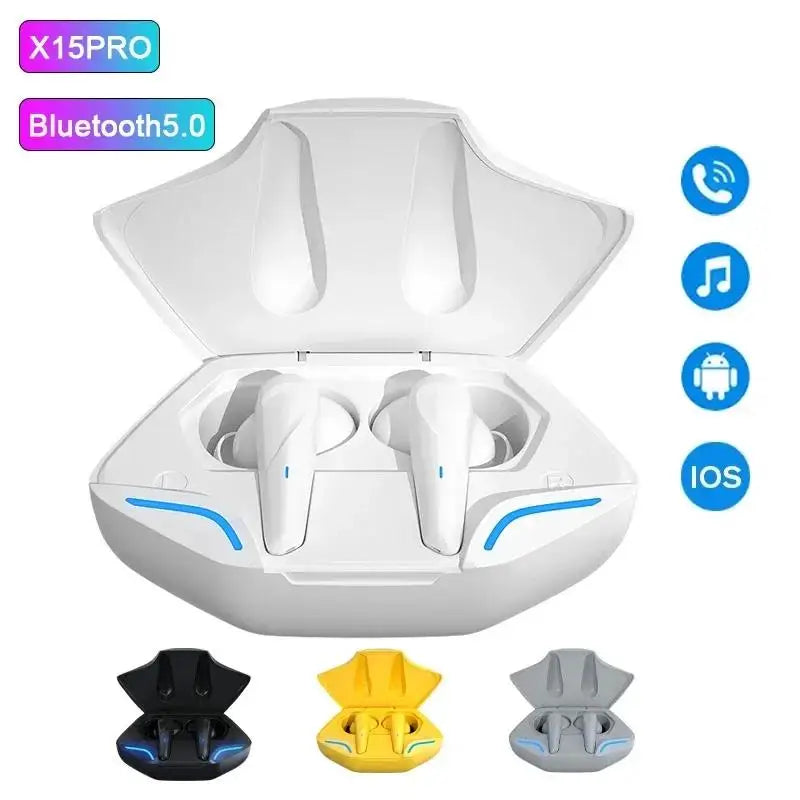 Image of HeadphoneHeat's TDAEG X15Pro TWS Wireless Bluetooth Earbuds in a white charging case, open to showcase powerful sound and an immersive audio experience. Icons on the side denote compatibility with Android and iOS devices. Below are additional case variations available in black, yellow, and gray.