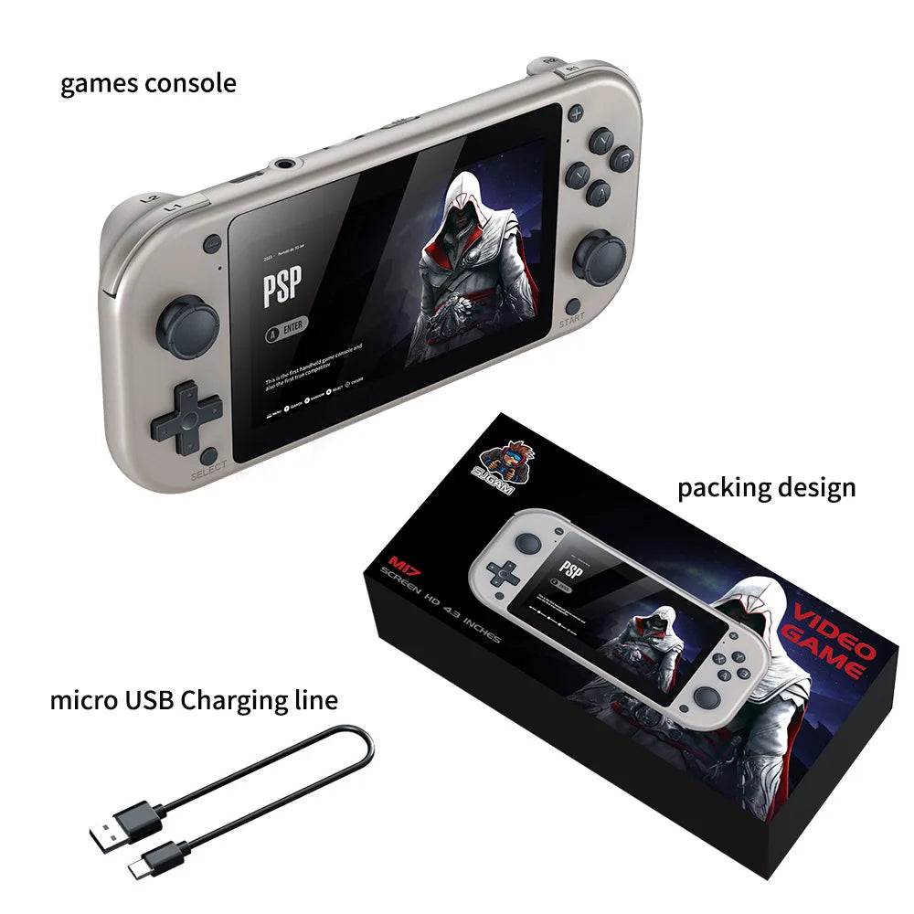 An image shows a grey "PSP" handheld gaming console with a knight character on the screen. Ideal for classic game enthusiasts, the HeadphoneHeat HRUEDA M17 Handheld Portable Game Console Linux PSP/N64 features buttons on each side. The package box displays the same console and knight, with a micro USB charging cable depicted separately below.