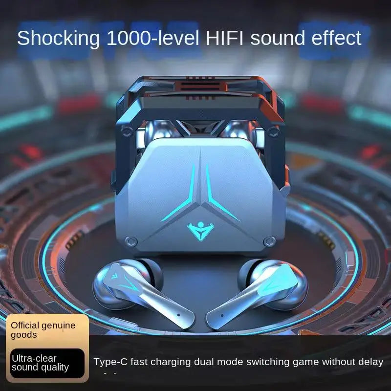 Image of HeadphoneHeat DUTRIEUX Bluetooth Earbuds 5.3 gaming with a futuristic design and a charging case on a glowing, circular platform. Text on the image highlights "Shocking 1000-level HIFI sound effect," "Official genuine goods," "Ultra-clear sound quality," "Bluetooth 5.3 technology," and "Type-C fast charging dual mode switching.