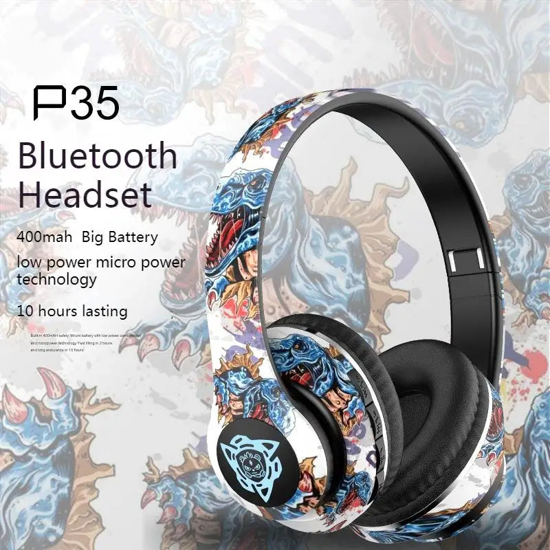 Check out the HeadphoneHeat Newmsnr Graffiti Foldable Wireless Bluetooth Headphones, featuring a colorful anime-style dragon design. This P35 Bluetooth 5.1 headset is equipped with a 400mAh battery, active noise cancellation, low power micro technology, and delivers an impressive 10-hour battery life for uninterrupted listening.