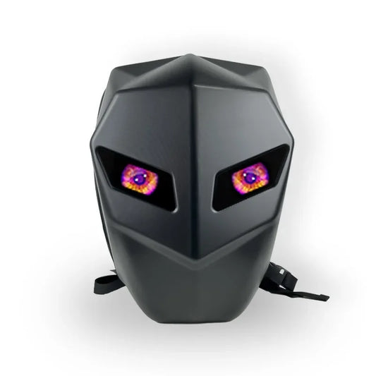 Presenting the LED Hardshell Motorcycle Backpack by HeadphoneHeat: a cutting-edge black backpack resembling a stylized face with glowing purple eyes in angular slits. This modern and sleek design is both stylish and durable, featuring an ABS construction that showcases an eye-catching robotic appearance.