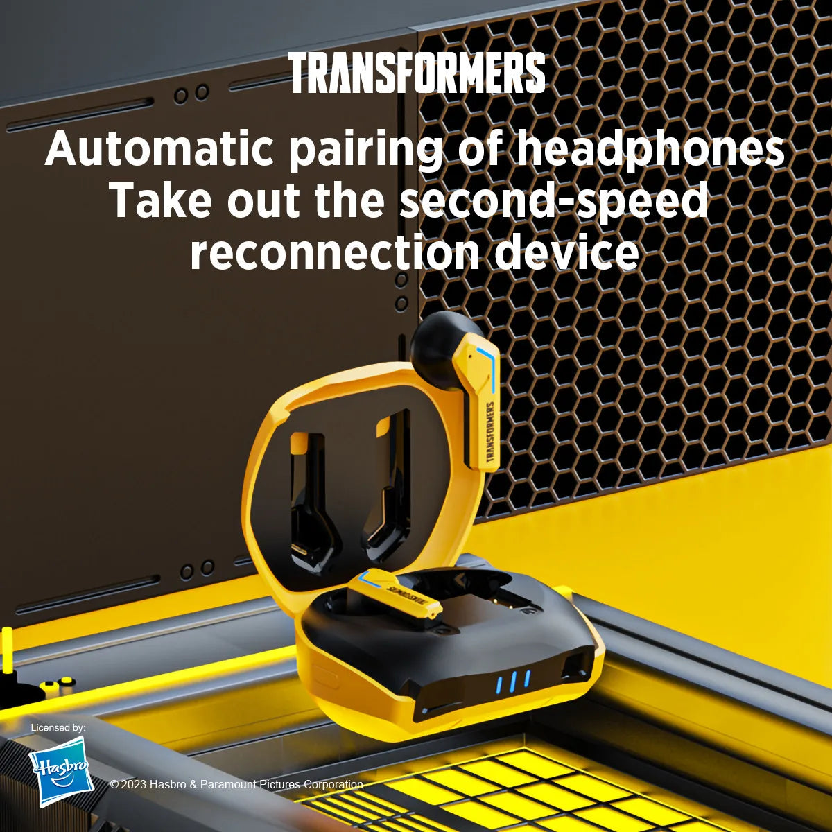 A promotional image for the HeadphoneHeat TRANSFORMERS TF-T06 TWS Bluetooth Gaming Earbuds displays the vibrant yellow and black earphones alongside their matching charging case. The accompanying text highlights the "Automatic pairing of headphones with Bluetooth 5.3 for second-speed reconnection," while Transformers branding is prominent at the top.