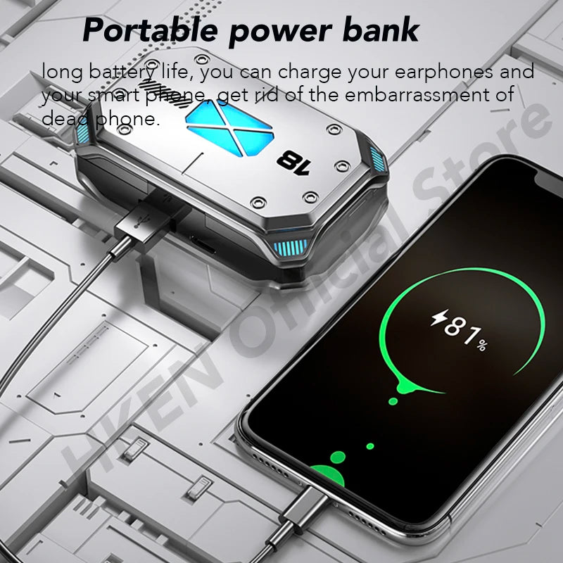 A futuristic portable power bank is connected to a smartphone displaying 81% battery charge on the screen. The power bank has a sleek metallic design with blue accents and LED lights. Nearby, Bluetooth Earbuds TWS from HeadphoneHeat, boasting immersive sound quality and advanced Bluetooth 5.2 technology, lie in a modern, tech-themed setting.