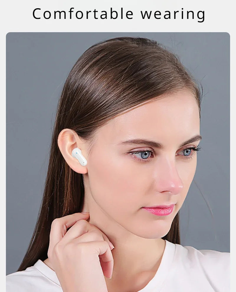 A person with long brown hair is wearing a white HeadphoneHeat Esports ZIXZEX Game Bluetooth TWS Earbud in their right ear. They are looking slightly to the left and touching their ear. The background is light gray, and the text "Comfortable wearing" is displayed above their head.