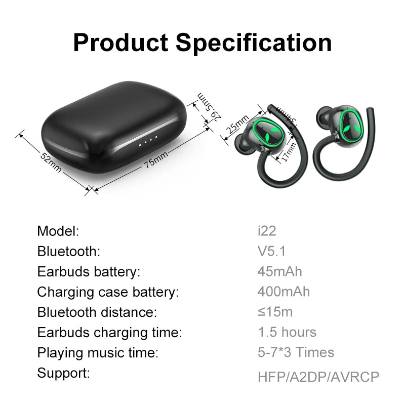 Image displaying the TWS Newmsnr UFO Halloween Earbuds by HeadphoneHeat, featuring a stylish charging case. Specifications include model i22, Bluetooth 5.1 technology, earbuds with a 45mAh battery, a 400mAh case battery, a range of up to 15 meters, charging time of 1.5 hours, and playtime between 5 to 7 hours. Supports HFP/A2DP/AVRCP protocols.