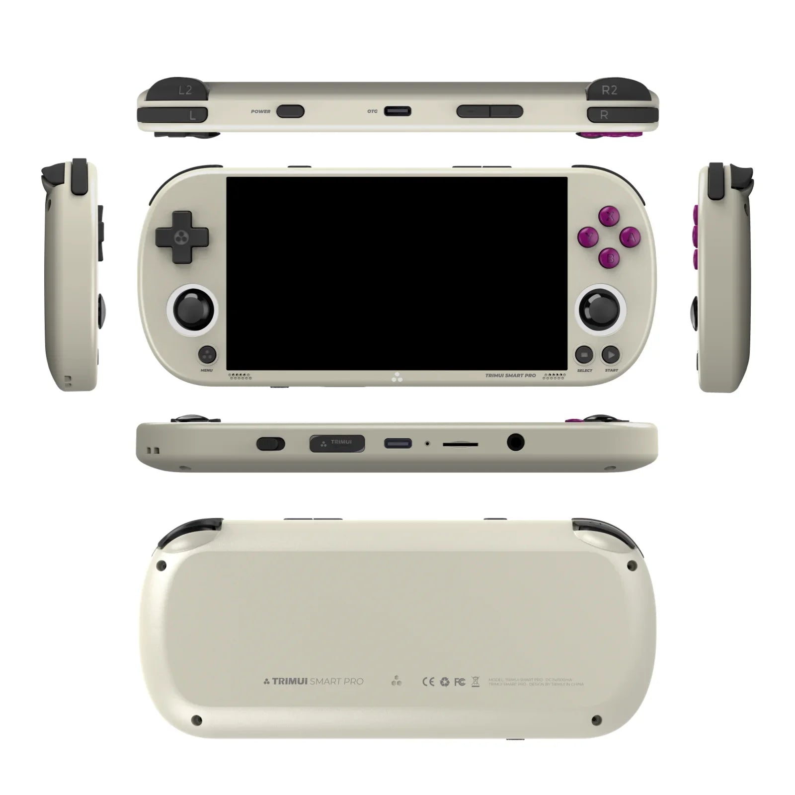 The TRIMU Handheld Pro Game Console by HeadphoneHeat is displayed from various angles, designed specifically for handheld game enthusiasts. It comes with a rectangular 4.96" IPS screen, a directional pad, buttons, and analog sticks. The console features a light-colored body with dark buttons and shoulder buttons on the top edge, allowing access to over 9000 retro games through its Linux system.