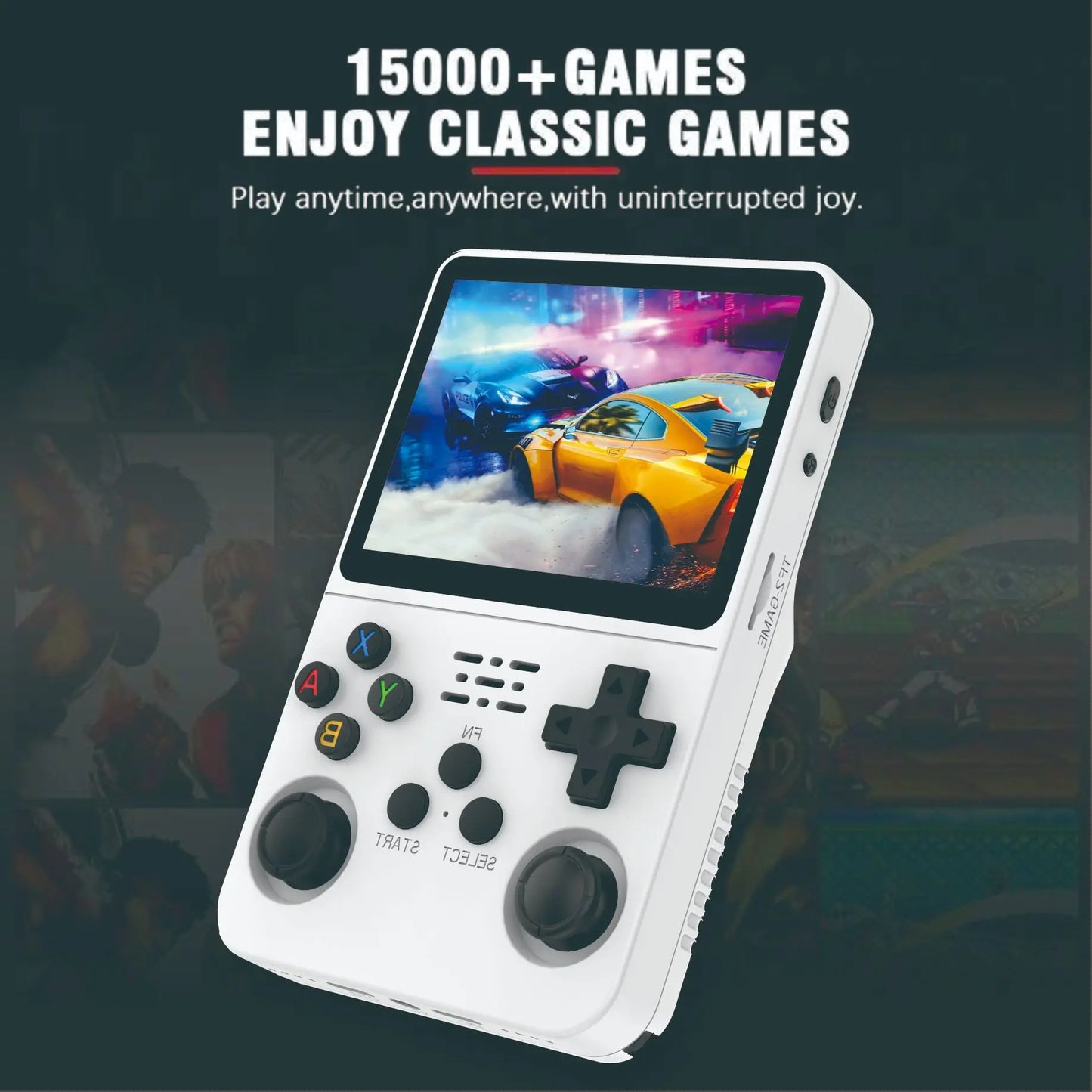 The HeadphoneHeat Retro R36S ZUIDID Handheld Game Console Retro -Linux System 3.5 Inch features a rectangular screen displaying a racing game. This classic gaming console includes multiple buttons, such as a directional pad, four colored buttons (A, B, X, Y), and function buttons. Text on the image reads "15000+ Games Enjoy Classic Games.