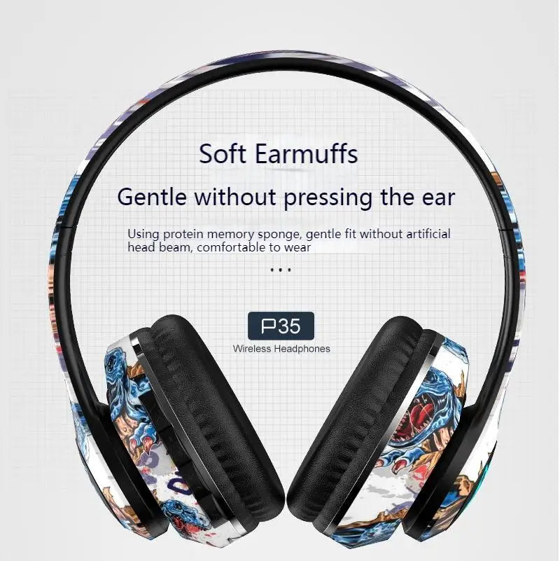 Introducing the Newmsnr Graffiti Foldable Wireless Bluetooth Headphones by HeadphoneHeat, a vibrant pair of headphones featuring active noise-cancellation. Displayed against a grid background, these headphones offer Bluetooth 5.1 connectivity, soft earmuffs, and a gentle fit with protein memory sponge for unparalleled comfort.