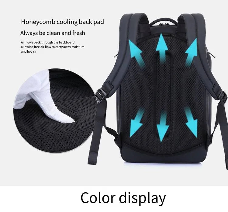 The Flashback backpack with HD Display by HeadphoneHeat, made from durable polyester, showcases a sleek black design with a honeycomb cooling back pad. Arrows highlight the airflow through the backboard for cleanliness and freshness. An inset image features a white sneaker on the honeycomb padding, accompanied by text that reads: "Color display.